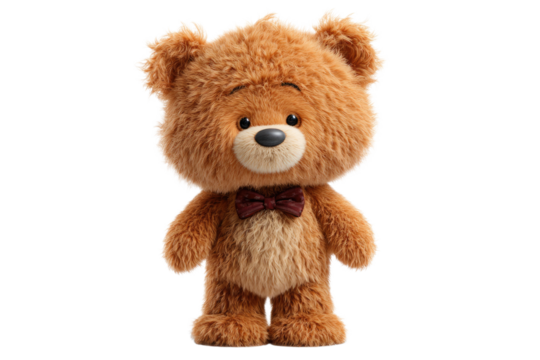 A charming, fluffy brown teddy bear with a dark brown bow tie stands upright, looking adorable and ready for a hug. background removed