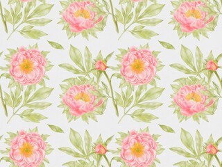 Coral Peonies Seamless Pattern &ndash; Watercolor Floral Design on White Background