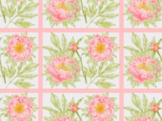 Coral Peonies Seamless Pattern &ndash; Watercolor Floral Design on White Background