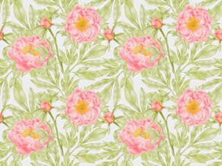 Coral Peonies Seamless Pattern – Watercolor Floral Design on White Background