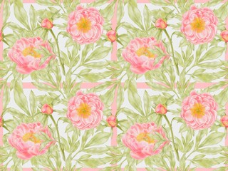 Coral Peonies Seamless Pattern – Watercolor Floral Design on White Background