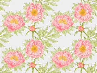 Gordijnen Vintage Bloemen Coral Peonies Seamless Pattern – Watercolor Floral Design on White Background  © Tatiana 