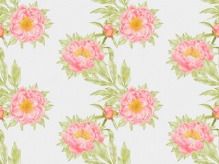 Coral Peonies Seamless Pattern – Watercolor Floral Design on White Background