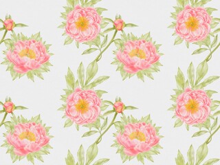 Coral Peonies Seamless Pattern – Watercolor Floral Design on White Background
