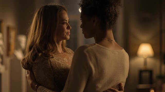 Tender romantic moment of lesbian couple hugging and kissing passionately in elegant museum