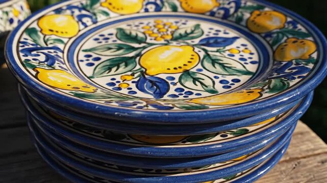 Rotating view of stacked colorful ceramic plates with vibrant lemon designs
