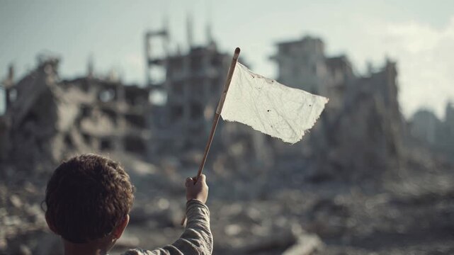 Child Raises White Flag of Peace in War Torn City Ruins, Symbolizing Hope and Ceasefire