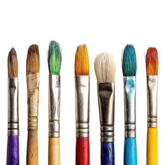 Fototapeta premium A colorful collection of diverse paintbrushes, some appearing well-used, showcasing various bristle types and handle colors against a green backdrop. background removed