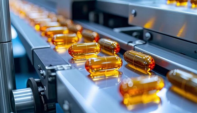 A close-up view of amber capsules moving along a conveyor belt in a pharmaceutical manufacturing process.