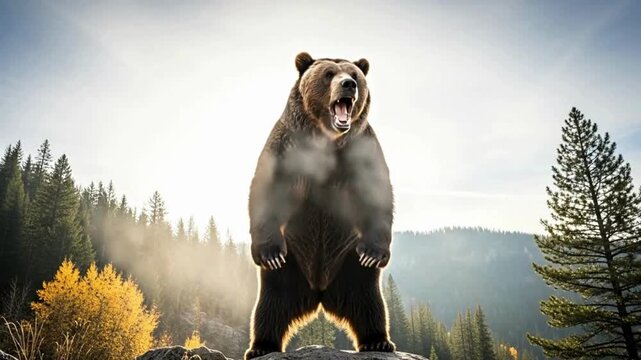 Angry Grizzly Bear Roaring on Hind Legs in Wild Mountain Forest.