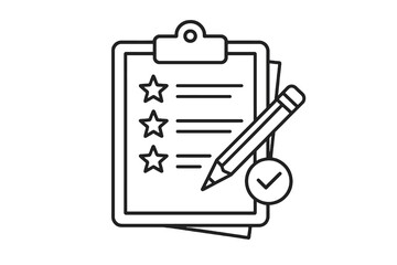 Minimal yet detailed linear icon showing a pencil marking stars on a survey sheet, symbolizing manual rating, product feedback, and user opinion form completion.