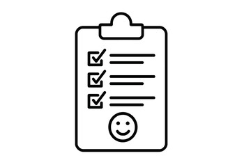 Minimal linear icon showing survey checklist with evaluation symbols, perfect for questionnaires, customer feedback, and opinion measurement design.