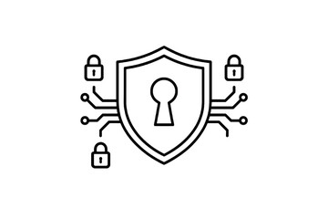 Black and white thin line vector icon of a shield with keyhole and circuit lines, representing cybersecurity, encryption, and digital data protection.
