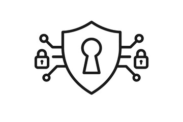 Minimalist linear icon showing shield and locks with digital circuit details, symbolizing security, privacy, and information safety for business and tech visuals.