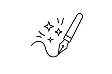 Black and white thin line vector icon of a fountain pen drawing a line that turns into stars, representing artistic inspiration, imagination, and creativity in motion.
