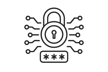 Minimal linear icon showing a digital lock and password field, symbolizing secure login, encryption, and modern data privacy for business and tech visuals.