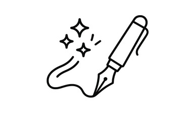 Minimal linear icon showing a pen creating a magical trail of stars, symbolizing artistic flow, creative expression, and inspired design work.