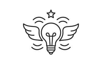 Black and white thin line vector icon of a light bulb with wings and a star above, representing creative freedom, imagination, and innovation for artistic or business visuals.