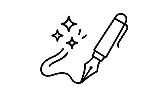 Minimal linear icon showing a pen creating a magical trail of stars, symbolizing artistic flow, creative expression, and inspired design work.
