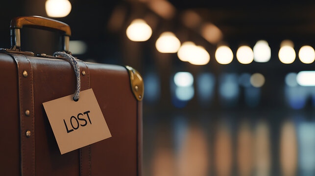 Lost luggage: a brown vintage suitcase with a tag that says "LOST" sits under soft lights, symbolizing travel woes and personal setbacks. The image evokes themes of uncertainty.