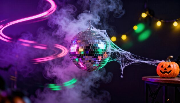 Spooky Halloween disco party with a mirror ball covered in spiderwebs. Festive scene with a jack-o'-lantern, smoke, and vibrant neon lights