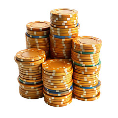 3D stack of yellow casino chips without background, isolated