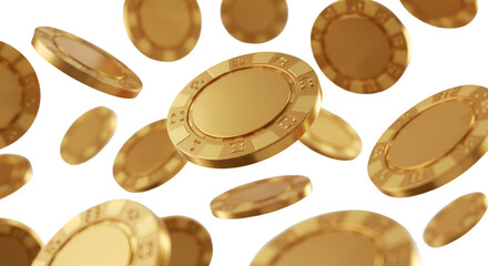 3D gold flying casino chips without background, isolated