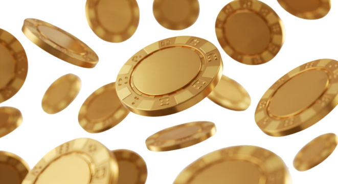 3D gold flying casino chips without background, isolated