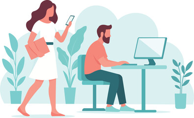 Fototapeta premium Remote worker and colleague in a modern office setting with plants.