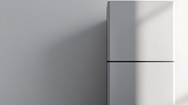 A sleek refrigerator is positioned against a wall. Light filters across the surface, creating a gradient and highlighting the minimalist design. The setting is clean and modern.