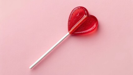 Red heart-shaped lollipop on pink background