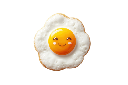 A cheerful, stylized fried egg with a cute smiling face on the yolk, presented against a solid transparent background, exuding happiness and whimsy. background removed - Powered by Adobe