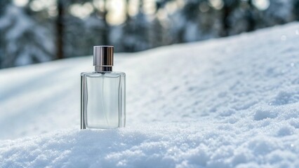 Transparent glass perfume bottle standing on white snow with blurred winter forest background