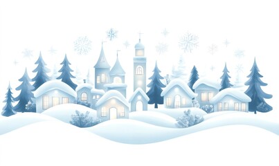 Fototapeta premium Winter village scene with houses and trees covered in snow, featuring falling snowflakes