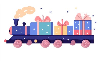 Obraz premium Blue toy train carrying colorful wrapped present boxes under falling snow