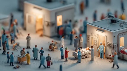 A detailed and dynamic miniature scene depicting healthcare professionals attending to patients in a bustling hospital environment