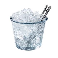 A clear glass ice bucket filled with shimmering crushed ice and metal tongs, ready for chilling beverages. Isolated on a transparent background. background removed