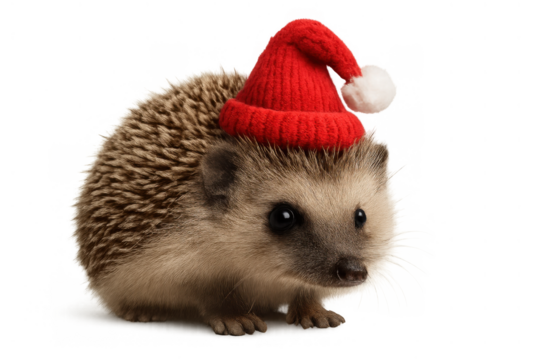 Hedgehog wearing red santa hat, celebrating christmas holiday season, cute festive animal on transparent background