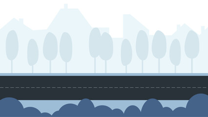 Cityscape of buildings, empty road and trees in a row, with bushes in the foreground