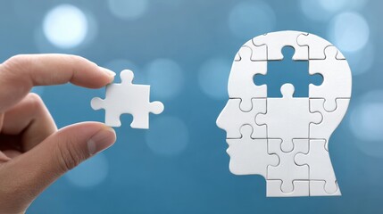 The hand inserts the last piece of the puzzle into the head, symbolizing a complete thought and clear understanding