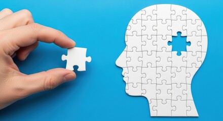 The hand inserts the last piece of the puzzle into the head, symbolizing a complete thought and clear understanding