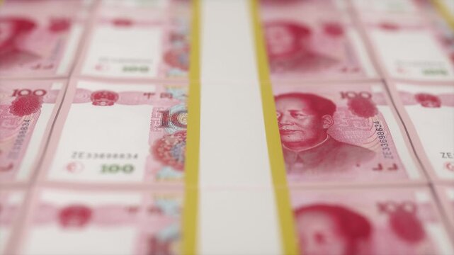 Close-Up View of Chinese Yuan Banknotes in Printing Layout