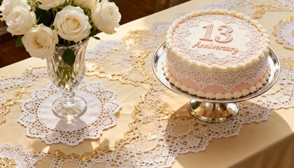 Elegant 13th anniversary cake with lace frosting on a celebration table. Wedding anniversary milestone with white roses