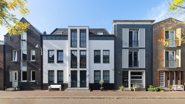 Modern terraced houses with different facades in the new Vathorst district in Amersfoort.