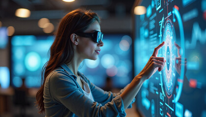 Immersive digital interface featuring female interacting with interactive dashboard, using augmented reality glasses to analyze data streams.