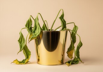 A wilted houseplant with drooping leaves in a shiny golden pot. Concept of neglect, failure, and dehydration. Dying indoor plant on a beige background