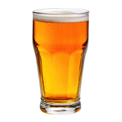 A refreshing glass of golden amber beer with a frothy white head, showing crisp details and effervescent bubbles, isolated on a transparent background. background removed