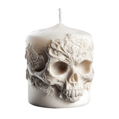 Naklejka premium An exquisitely detailed white skull-shaped candle with ornate floral carvings on a solid transparent background, featuring a prominent wick. background removed