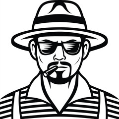 Stylish man in hat and sunglasses confidently smokes a cigar in black and white