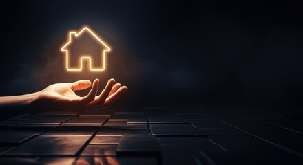 A hand selects a glowing hologram of a golden house, among old houses, symbolizing success in real estate and investment choice